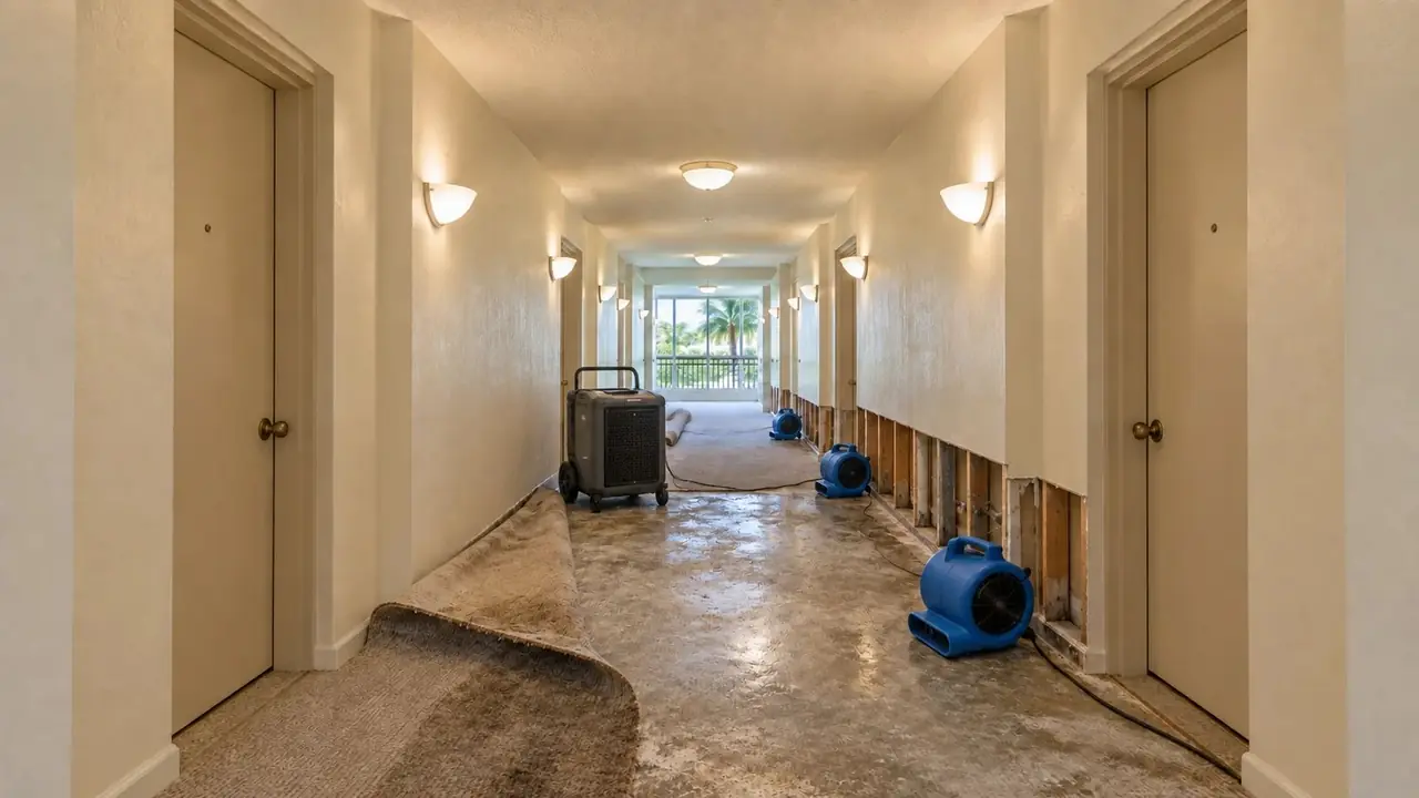 Condo corridor, before: AC closet overflow into the hallway: wet carpet removed, drying, new carpet.