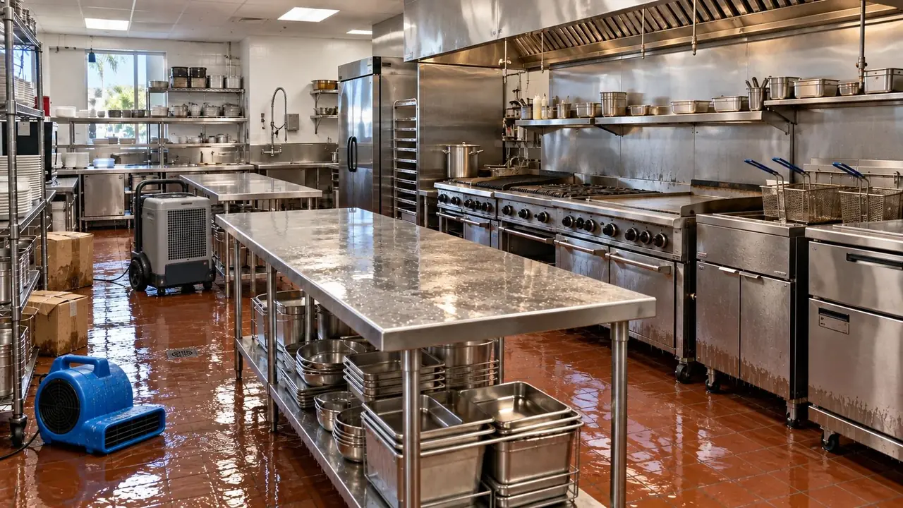 Restaurant kitchen, before: Water line break overnight: extraction, drying under equipment, cleaning and sanitizing before service.