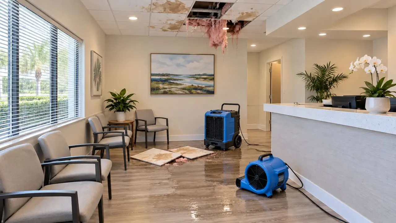 Medical office, before: Ceiling leak from AC condensate: wet ceiling tiles and insulation removed, drying, new ceiling.